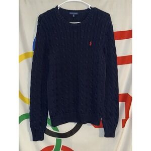 Ralph Lauren Sport Cable Knit Sweater Womens Large Navy Blue Cotton